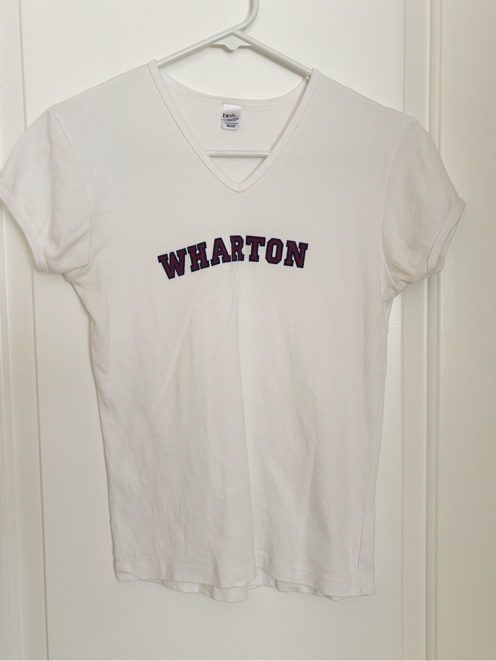 Vintage White V‑Neck Womens Tee w/ Wharton Business School logo at U Penn